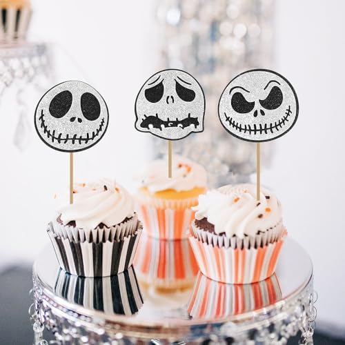 Halloween Cupcake Toppers, Cake Decorations, 12PCS Glitter Skull Jack Cake Toppers for Nightmare Before Christmas, Ghost