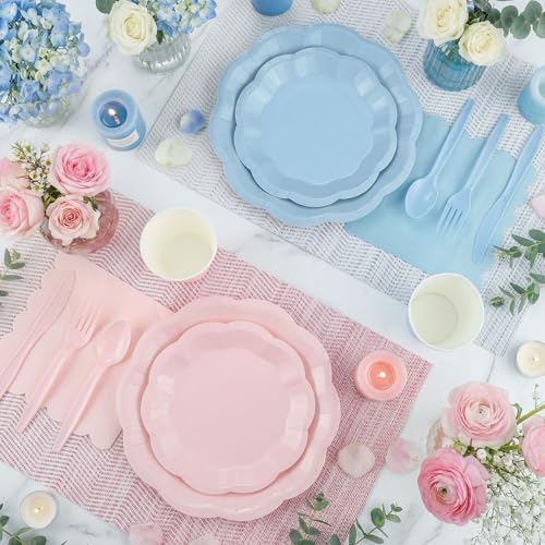 175 Pcs Baby Gender Reveal Plates and Napkins Set, 25 Guest Boy or Girl Gender Reveal Party Supplies Include Light Pink and Light Blue Plates Napkin Cup Plastic Spoon Fork Knive for Baby Shower