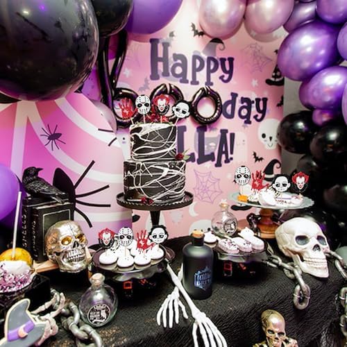 24 PCS Halloween Horror Movie Cupcake Toppers Red Bloody Hand Halloween Cupcake Picks Have a Killer Birthday Cake Decorations for Hallween Horror Classic Movie Characters Theme Party Supplies