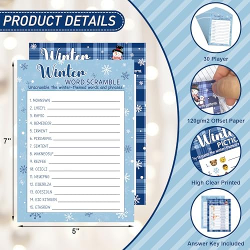 COCHIE 30 Players Winter Holiday Christmas Party Games for Adults Family Office Large Groups, Words Pictionary Game, Riddle Game, Word Scramble Games with Answer Key (Winter Pattern)