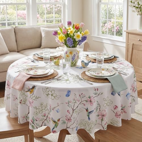 Spring Tablecloth Round 70 Inch, Spring Birds Branch Florals Decorations for Home Table Cloth Tablecloths Polyester for Picnic Party Dinner
