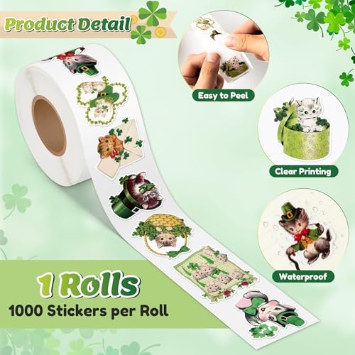 Eartim St Patrick's Day Vintage Cat Sticker Rolls Lucky Charms Stickers