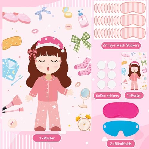 Hooqict Sleepover Slumber Party Games Pin The Blindfold on The Girl for Kids Girls Night Birthday Party Decorations Supplies, Large Pin Tail Games Poster with 27 Stickers