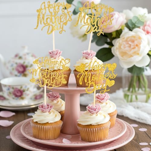 Happy Mothers Day Cake Topper, 24 Pcs Mothers Day Cupcake Toppers, Glitter Gold Happy Mother's Day Cupcake Toppers Food Picks Cake Decoraitons for Birthday Mothers Day Decorations