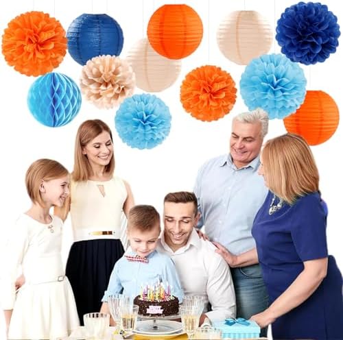 Navy-Blue Orange Champagne Party-Decorations Paper-Flowers - 15pcs Fall Birthday Baby Bridal Shower Tissue Pom Poms Lanterns Streamers Honeycomb, Wedding Bachelorette Hanging Supplies Decor Hugfond