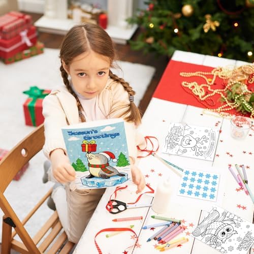 Whaline 24 Packs Winter Christmas Color Your Own Cards Greeting Card DIY Coloring Cartoon Animal Note Cards with Envelopes and Stickers for Xmas Holiday Baby Shower Student Crafts