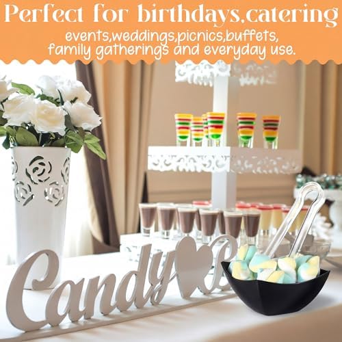 FoldTier 32oz 6 Black Plastic Candy Bowls, 4 Scoops and 4 Tongs Set Square Disposable Plastic Buffet Containers for Chip, Snacks Popcorn Candy Buffet Bar Birthday Party Supplies