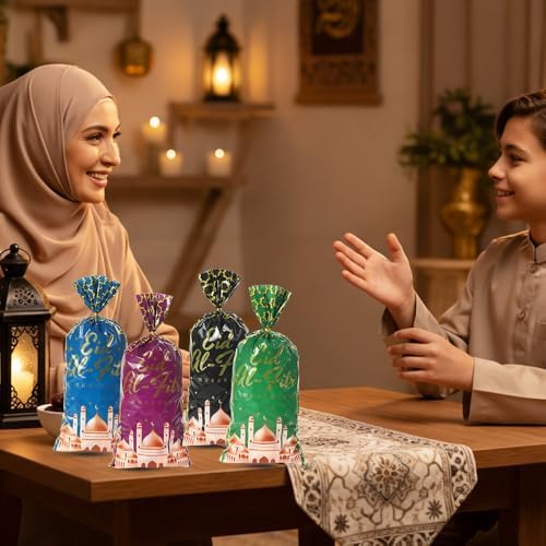 eowqeiur 100 PCS Eid Goodie Bags(5x11 Inch) with Ties for Candy Goodie Treat Snack Goody Cookie Small Gifts Wrap Ramadan Baggies Pouch Eid Mubarak Party Favors Supplies Decor