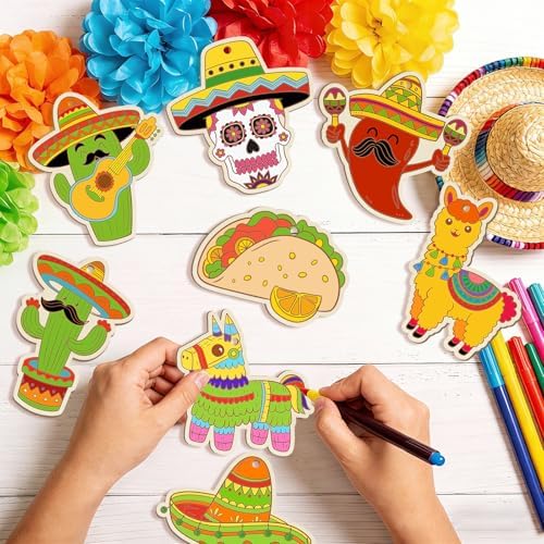 36PCS Wooden Cinco De Mayo Crafts Decorations Mexico Crafts for Kids Fiesta Party Ornaments to Paint, 12 Styles DIY Blank Unfinished Cutouts for Tree Hanging Mexican Theme Carnival Taco Birthday Party