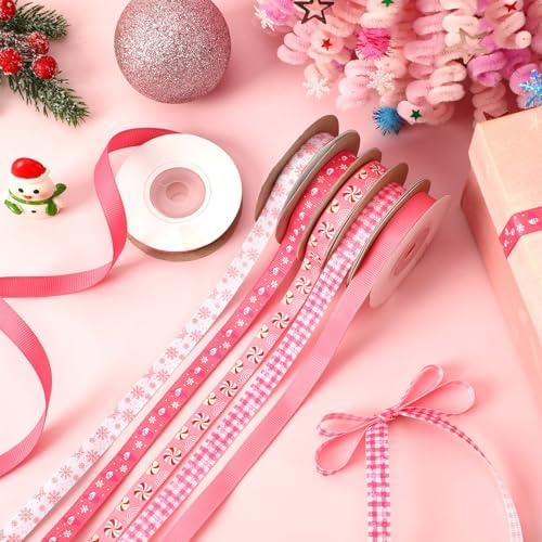 DECYOOL Pink Christmas Ribbon 6 Rolls 60Yds Holiday Xmas Grosgrain Ribbons