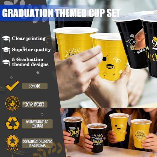 Graduation Decorations 2026 Party Cups - 50pcs 16 Oz Gold and Black Disposable Graduation Plastic Cups for School Class of 2026 Grad Celebration Party Favors Supplies (5 Designs)