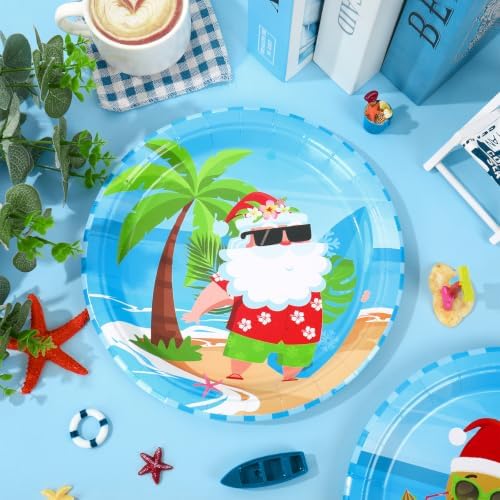 Whaline 40 Pcs Christmas in July Paper Plates Disposable Plates Decorative Summer Santa Claus Gingerbread Man Flamingo Tableware Dessert Plate for Birthday Party Tableware Supplies