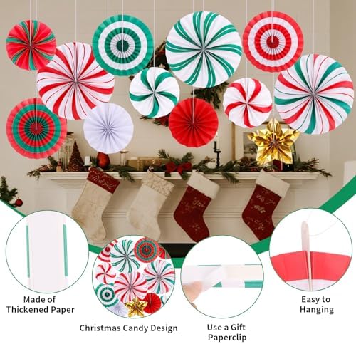 FOIMAS Christmas Hanging Paper Fan Decoration, 12pcs Peppermint Candy Hanging Fans for Ceiling Wall Classroom Mantle Xmas Candyland Holiday Party Supplies, Red and Green