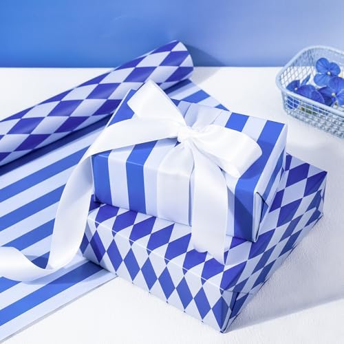 RUSPEPA Reversible Wrapping Paper Roll, Mini Roll, Blue and White Stripes and Diamond Pattern Gift Wrap for Birthday, Wedding, Baby Shower, Easter, Father's Day, Graduation, 17 Inches x 16.4 Feet