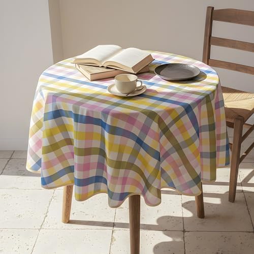 Easter Waterproof Polyester Tablecloth, Pastel Checkered Fabric Table Cover for Spring Party, Kitchen Dining Decor, Easy Care Cloth Tablecloth for Indoor Outdoor Use, 60" Round