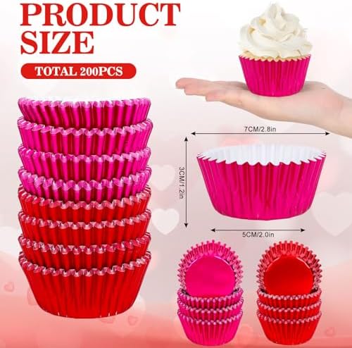 JarThenaAMCS 200Pcs Red Pink Foil Cupcake Liners Foil Metallic Baking Cups Cupcake Wrappers Muffin Liners for Valentine Christmas Birthday Wedding Party Supplies
