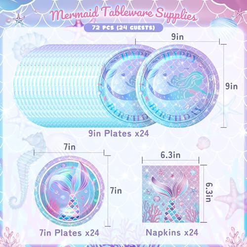 72PCS Mermaid Birthday Plates and Napkins, Mermaid Themed Party Supplies