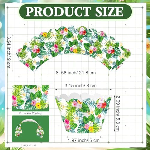 Domensi 100 Pcs Hawaiian Luau Tropical Palm Cupcake Wrappers Rustic Cupcake Liners Green Baking Cups Baking Liners for Summer Birthday Party Supplies Dessert Decoration
