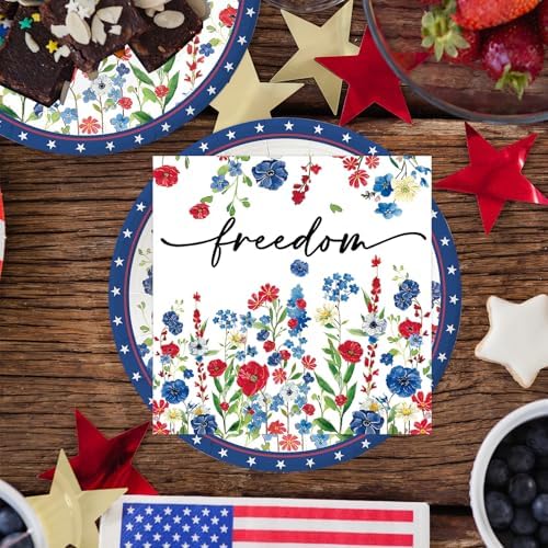 50Pcs 4th of July Flower Plates and Napkins Party Supplies, Disposable Patriotic Paper Plates Napkins Tableware Set for Memorial Independence Day Usa Party Decorations (Patriotic)