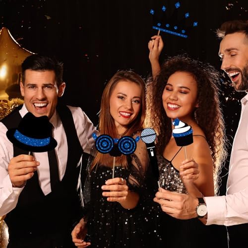 Zonon 24 Pcs Photo Booth Props Set Black Gold Birthday,Blue and Black