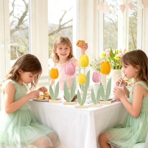 Paper Jazz 6 Pcs Tulip Centerpiece for Table Spring Felt Tulip Decoration for Home Easter Tulips Flower Signs Floral Centerpieces for Mothers Day Easter Party Classroom Garden Party