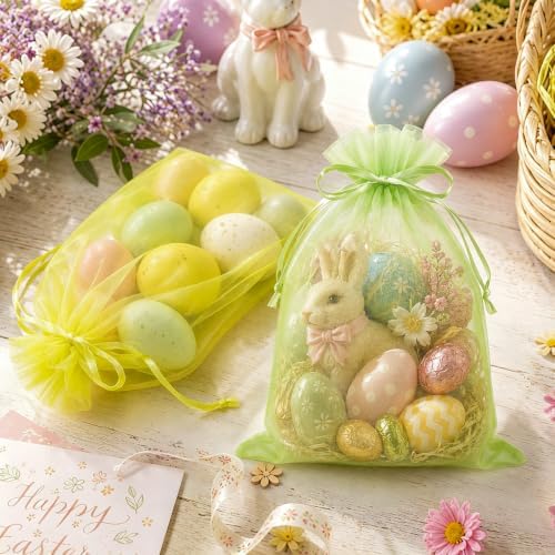 FUNFERY 100PCS Lemon Yellow Organza Gift Bags 5x7in,Drawstring Pouch
