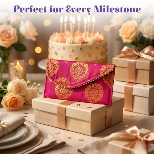 LoveNspire Brocade Fabric Money Envelopes (8 x 4 Inch) Decorative Floral Pattern Shagun Lifafa for Indian Wedding, Birthday | Cash Gift Holder & Home Savings Organizer Green/Pack of 10