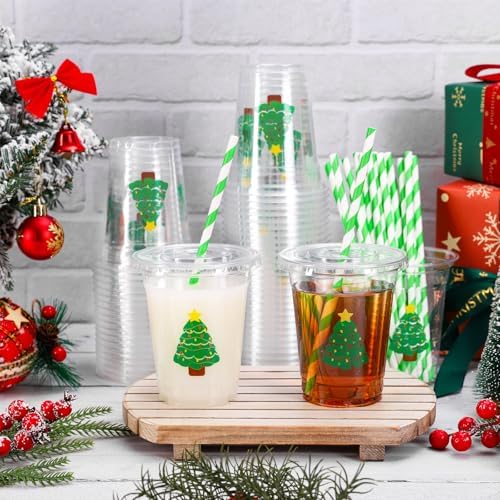 Whaline 50Pcs 12Oz Christmas Disposable Plastic Cups with Lids and Straws Colorful Light Bulb Xmas Tree Cold Beverage Drinking Cups for Holiday Birthday Party Supplies