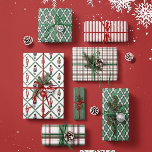 LaRibbons Reversible Plaid Christmas Wrapping Paper Set, Retro Nutcracker