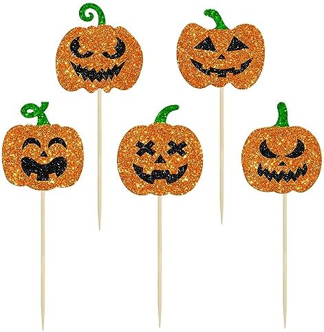 Gyufise 30Pcs Halloween Pumpkin Cupcake Toppers Glitter Jack-O-Lantern Halloween Cupcake Picks for Kids Birthday Festival Party Cake Decorations Supplies