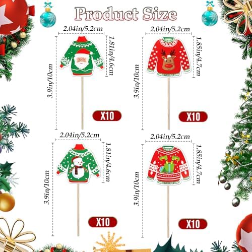 Ugly Sweater Cupcake Toppers, 40 PCS Christmas Ugly Sweater Cupcake Toppers Party Decorations, Christmas Holiday Cake Decoration Food Picks Topper for Xmas Birthday Holiday Party Decorations Supplies