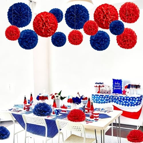 Recosis Red Blue Party Decorations, 18 Pcs Paper Pom Poms Decorations