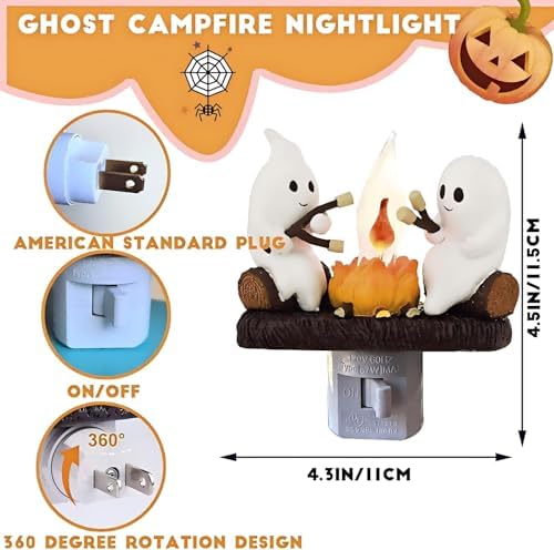 Ghosts Roasting Marshmallows Night Light, Halloween Nightlight Plug In Lamp