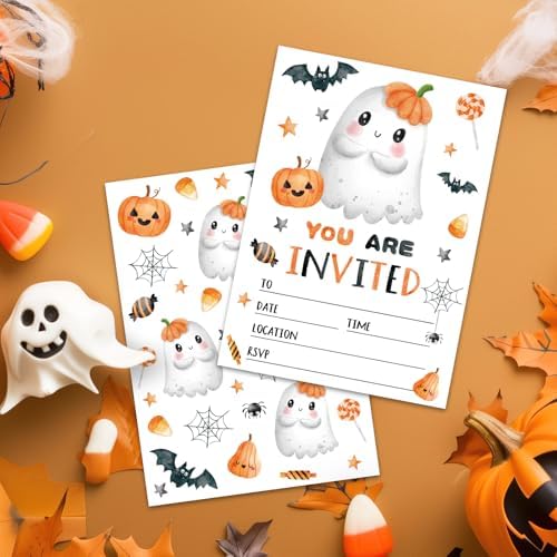 JarThenaAMCS 25 Sets Halloween Invitation Cards with Envelopes Stickers Watercolor Cartoon Pumpkin Ghost Blank Invites for Halloween Little Boo Party Supplies, 5 x 7 Inch