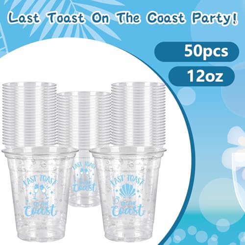 Whaline 50Pcs 12Oz Last Toast on the Coast Disposable Cup Coastal Beach Bachelorette Party Plastic Cup Blue Bach Clear Glasses for Coffee Juice Drink Party Supplies