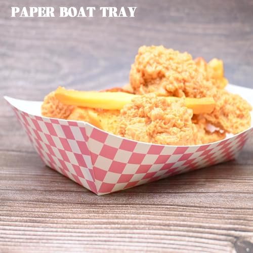 30 Pcs No Folding Required 2lb Gingham Party Supplies Disposable Paper Food Trays for Shower Wedding Tea Party Supplies Nacho Snack (Light Pink)