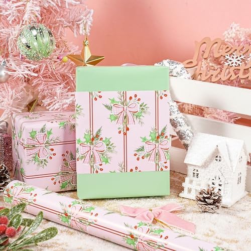 LeZakaa Christmas Wrapping Paper Roll, Pink Red Bow Berry Green Solid Color Design Holiday Gift Wrap for Kids Girls Women, Watercolor Style for Christmas Party Present, Mini Roll 17" x 16.4 ft