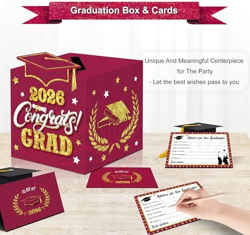 Graduation Wish Cards with Maroon Card Holder Box - 36PCS Class Of 2026 Advice Cards and 2026 Congrats Grad Card Box for Graduation Party Supplies Decoration Maroon