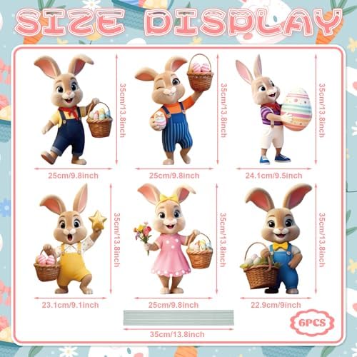 6-Piece Easter Bunny Yard Signs with Stakes – 6 Assorted Cute Rabbit Designs 13.8 Inches Tall Outdoor Lawn Decorations for Easter Egg Hunts, Spring Garden Parties, and Yard Displays