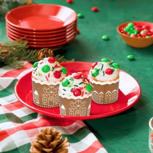 100 Pcs Christmas Paper Baking Cups Gingerbread House Design Disposable