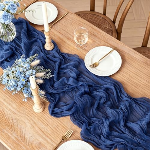 3Pcs Navy Blue Table Runner, 10FT Rustic Gauze Blue Table Runner 35*120inch Boho Table Runners for Wedding Bridal Shower Birthday Baby Shower Table Centerpiece Decorations