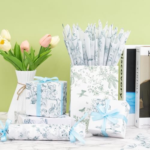 ENFANTRY Floral Tissue Paper, 60pcs Green Floral Tissue Paper for Gift Bags 50x35cm, Gift Wrapping Tissue Paper Bulk for Weddings, Birthdays, Holidays Decor