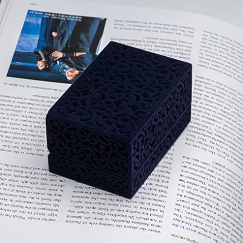 Hollow Velvet Ring Box Velvet Jewelry Box for Rings Couple Double Ring Bearer Box Engagement Gift (Dark Blue)