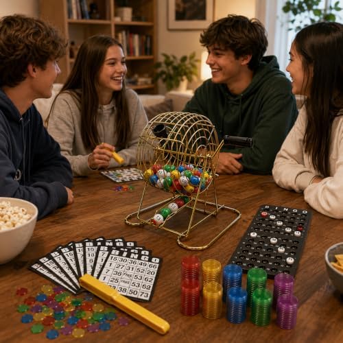 Deluxe Bingo Set with 6-Inch Durable Gold Steel Cage, Magnetic Bingo Wand, 80 Metal-Rimmed Bingo Chips, 75 Calling Balls, 18 Large Cards & Master Board – Premium Bingo Set for Family Nights, Parties