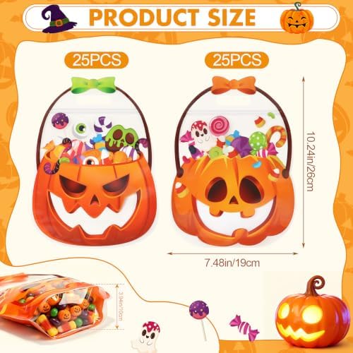 FOIMAS Halloween Treat Bags, 50pcs Pumpkin Cauldron Plastic Candy Bag Zipper Seal Bag Resealable Jack-O-Latern Goodie Bags with Handle for Trick or Treat Halloween Party Supply Decor Home Classroom