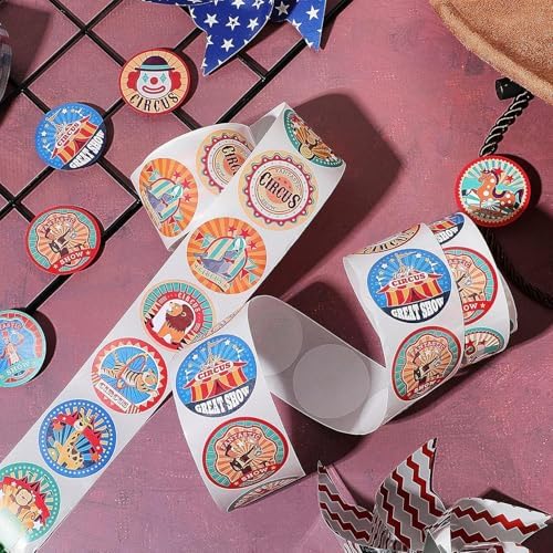 500PCS Circus Stickers Roll 1 Inch Carnival Themed Stickers Round Circus Animal Decals for Kids Birthday Party Favors Scrapbooking Crafts Reward Labels Teens Adults Classroom Teacher Supplies Decor