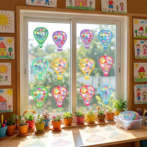 Renbuzhu 48PCS Back to School Crafts: Paper Hot Air Balloon Suncatchers DIY Kits, Summer Window Stained Glass Effect Art Supplies