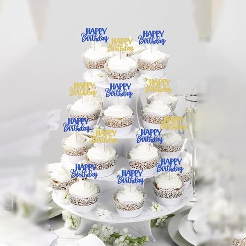 30 PCS Happy Birthday Cupcake Toppers Glitter Happy Birthday Cupcake Picks for Celebrating Anniversary Theme Christmas Party Cake Decorations Supplies Gold Blue