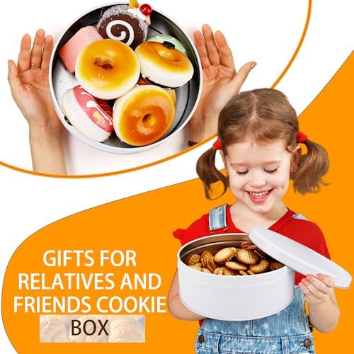 6 Pack Cookie Tin with Lid Round Metal Cookie Tins Containers Round Christmas Treats Tin Storing Snack Chocolate for Gift Giving Holiday Baking White Home Sturdy Storing