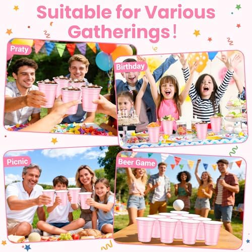 50 Pcs Pink Plastic Cups, 12 oz Disposable Cups for Party